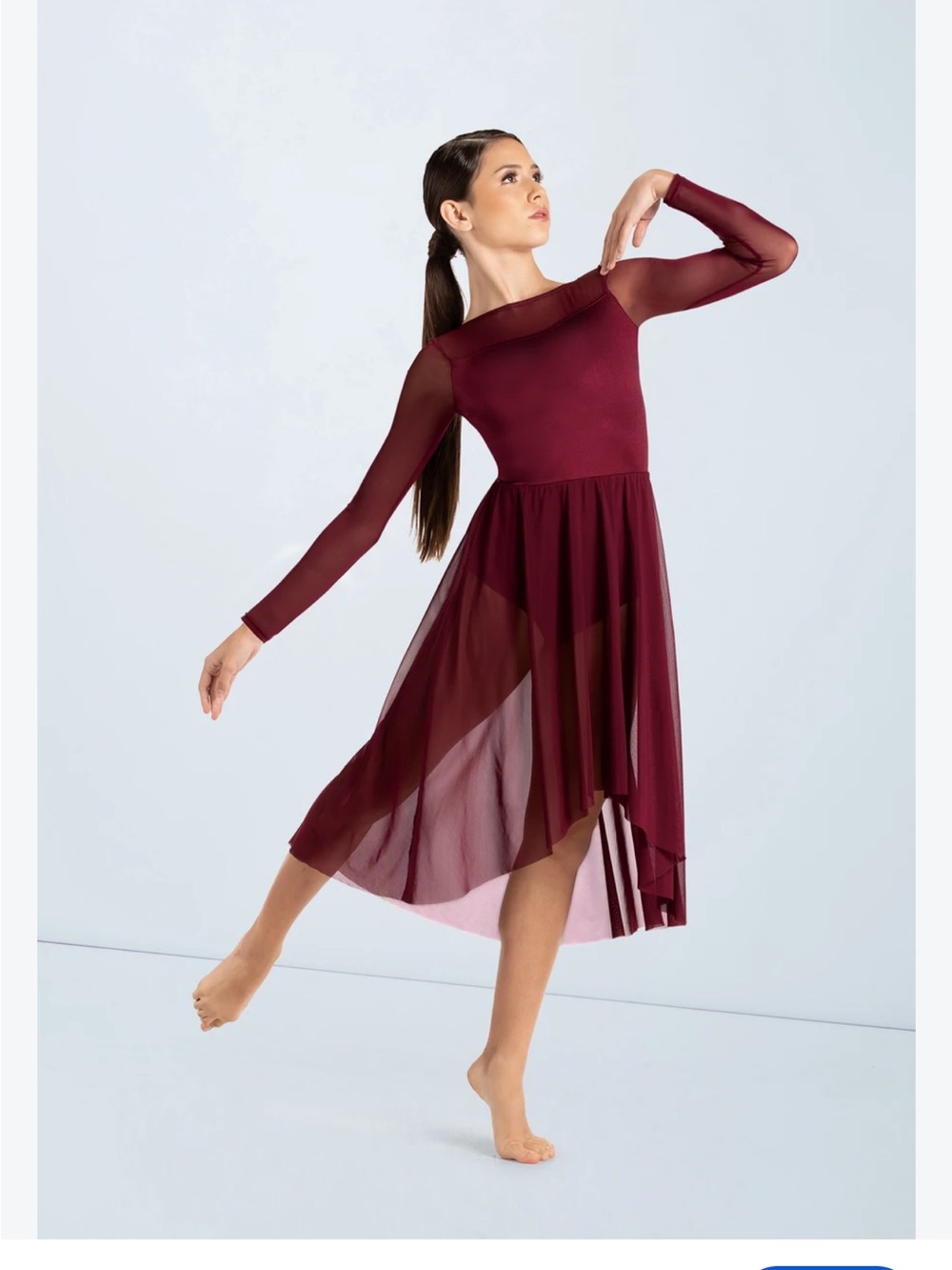Balera Dance Burgundy Mesh Long-Sleeve High-Low Midi Dress